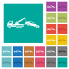 Car towing multi colored flat icons on plain square backgrounds. Included white and darker icon variations for hover or active effects. - Car towing square flat multi colored icons