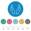 Empty protecting hands outline flat white icons on round color backgrounds. 6 bonus icons included. - Empty protecting hands outline flat round icons