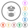 Police hat and medical face mask flat color icons in round outlines on white background - Police hat and medical face mask flat icons with outlines