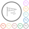 Windsock indicator with wind outline flat icons with outlines - Windsock indicator with wind outline flat color icons in round outlines on white background
