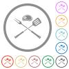 Barbecue fork and spatula with steak flat icons with outlines - Barbecue fork and spatula with steak flat color icons in round outlines on white background