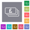 English Pound banknotes outline flat icons on simple color square backgrounds - English Pound banknotes outline square flat icons