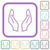 Empty protecting hands outline simple icons in color rounded square frames on white background - Empty protecting hands outline simple icons