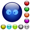 Watching eyes solid icons on round glass buttons in multiple colors. Arranged layer structure - Watching eyes solid color glass buttons