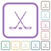 Hockey sticks with puck simple icons in color rounded square frames on white background - Hockey sticks with puck simple icons