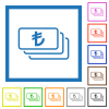 Turkish Lira banknotes outline flat color icons in square frames on white background - Turkish Lira banknotes outline flat framed icons
