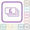 English Pound banknotes outline simple icons in color rounded square frames on white background - English Pound banknotes outline simple icons