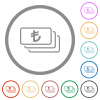 Turkish Lira banknotes outline flat color icons in round outlines on white background - Turkish Lira banknotes outline flat icons with outlines