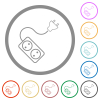Portable electrical outlet with two sockets and extension cord and plug outline flat icons with outlines - Portable electrical outlet with two sockets and extension cord and plug outline flat color icons in round outlines on white background
