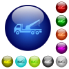 Crane truck icons on round glass buttons in multiple colors. Arranged layer structure - Crane truck color glass buttons