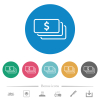 American dollar banknotes outline flat round icons - American dollar banknotes outline flat white icons on round color backgrounds. 6 bonus icons included.