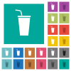 Disposable drinking cup with straw solid multi colored flat icons on plain square backgrounds. Included white and darker icon variations for hover or active effects. - Disposable drinking cup with straw solid square flat multi colored icons