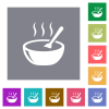 Glossy steaming bowl of soup with spoon square flat icons - Glossy steaming bowl of soup with spoon flat icons on simple color square backgrounds