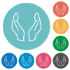 Empty protecting hands outline flat round icons - Empty protecting hands outline flat white icons on round color backgrounds