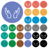 Empty protecting hands outline multi colored flat icons on round backgrounds. Included white, light and dark icon variations for hover and active status effects, and bonus shades. - Empty protecting hands outline round flat multi colored icons