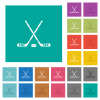 Hockey sticks with puck square flat multi colored icons - Hockey sticks with puck multi colored flat icons on plain square backgrounds. Included white and darker icon variations for hover or active effects.