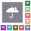 Umbrella with single raindrop solid square flat icons - Umbrella with single raindrop solid flat icons on simple color square backgrounds