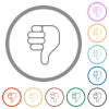 Right handed thumbs down outline flat color icons in round outlines on white background - Right handed thumbs down outline flat icons with outlines