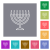 Menorah with burning candles outline flat icons on simple color square backgrounds - Menorah with burning candles outline square flat icons