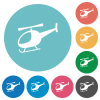 Helicopter side view silhouette flat white icons on round color backgrounds - Helicopter side view silhouette flat round icons