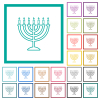 Menorah with burning candles outline flat color icons with quadrant frames on white background - Menorah with burning candles outline flat color icons with quadrant frames