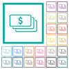 American dollar banknotes outline flat color icons with quadrant frames on white background - American dollar banknotes outline flat color icons with quadrant frames