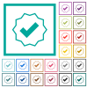 Verified sticker outline flat color icons with quadrant frames on white background - Verified sticker outline flat color icons with quadrant frames