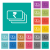 Indian Rupee banknotes outline multi colored flat icons on plain square backgrounds. Included white and darker icon variations for hover or active effects. - Indian Rupee banknotes outline square flat multi colored icons