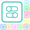 Horizontal toggle switches outline vivid colored flat icons in curved borders on white background - Horizontal toggle switches outline vivid colored flat icons