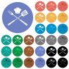 Barbecue fork and spatula with chef hat round flat multi colored icons - Barbecue fork and spatula with chef hat multi colored flat icons on round backgrounds. Included white, light and dark icon variations for hover and active status effects, and bonus shades.