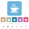 Cup of coffee white flat icons on color rounded square backgrounds. 6 bonus icons included - Cup of coffee flat icons on color rounded square backgrounds