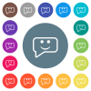 Rounded square smiling chat bubble outline flat white icons on round color backgrounds - Rounded square smiling chat bubble outline flat white icons on round color backgrounds. 17 background color variations are included.