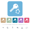 Key and small house on the key ring white flat icons on color rounded square backgrounds. 6 bonus icons included - Key and small house on the key ring flat icons on color rounded square backgrounds