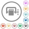 SD memory card compress solid flat icons with outlines - SD memory card compress solid flat color icons in round outlines on white background
