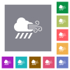 Windy and downpour weather square flat icons - Windy and downpour weather flat icons on simple color square backgrounds