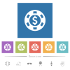 Dollar casino chip flat white icons in square backgrounds. 6 bonus icons included. - Dollar casino chip flat white icons in square backgrounds
