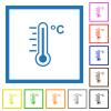 Celsius thermometer warm temperature flat color icons in square frames on white background - Celsius thermometer warm temperature flat framed icons