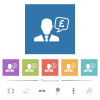 English Pound financial advisor flat white icons in square backgrounds. 6 bonus icons included. - English Pound financial advisor flat white icons in square backgrounds