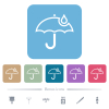 Umbrella with single raindrop outline flat icons on color rounded square backgrounds - Umbrella with single raindrop outline white flat icons on color rounded square backgrounds. 6 bonus icons included