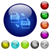 GIF PPT file conversion icons on round glass buttons in multiple colors. Arranged layer structure - GIF PPT file conversion color glass buttons