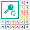 Key and small house on the key ring flat color icons with quadrant frames on white background - Key and small house on the key ring flat color icons with quadrant frames