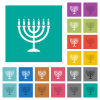 Menorah with burning candles solid multi colored flat icons on plain square backgrounds. Included white and darker icon variations for hover or active effects. - Menorah with burning candles solid square flat multi colored icons