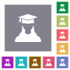 Graduate female avatar flat icons on simple color square backgrounds - Graduate female avatar square flat icons