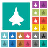 Jet fighter silhouette multi colored flat icons on plain square backgrounds. Included white and darker icon variations for hover or active effects. - Jet fighter silhouette square flat multi colored icons