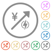 Rising electricity energy japanese Yen prices flat icons with outlines - Rising electricity energy japanese Yen prices flat color icons in round outlines on white background