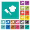 Meat cleaver knife and chef hat square flat multi colored icons - Meat cleaver knife and chef hat multi colored flat icons on plain square backgrounds. Included white and darker icon variations for hover or active effects.