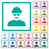Spy with mustache avatar flat color icons with quadrant frames on white background - Spy with mustache avatar flat color icons with quadrant frames