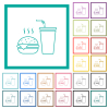 Fast food menu with cheeseburger and drink outline flat color icons with quadrant frames on white background - Fast food menu with cheeseburger and drink outline flat color icons with quadrant frames