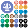 Justice scale solid multi colored flat icons on round backgrounds. Included white, light and dark icon variations for hover and active status effects, and bonus shades. - Justice scale solid round flat multi colored icons