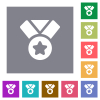 Medal with star and ribbon solid square flat icons - Medal with star and ribbon solid flat icons on simple color square backgrounds